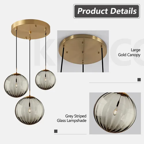 Miniatura 3 de Lámpara colgante de KCO Lighting Moderna de Oro con 3 Luces, Clúster de Globo de Vidrio Ahumado Grande, Lámpara de Araña de Latón Cepillo para Isla
