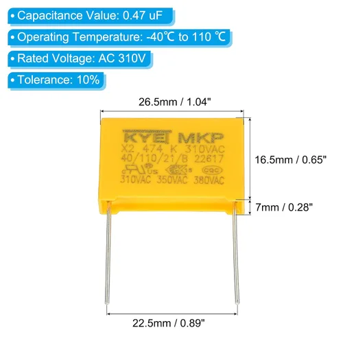 Miniatura 2 de PATIKIL Condensadores de seguridad, paquete de 10 unidades de 0.47uF AC 310V 0.886 in Pin Pitch 1.063x0.669x0.276 in polipropileno Film Capacitor