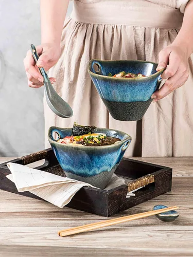 Miniatura 3 de Henten Home Juego de 2 cuencos de ramen de 20 onzas, cuencos de cerámica japoneses para fideos, cuencos profundos de porcelana con palillos