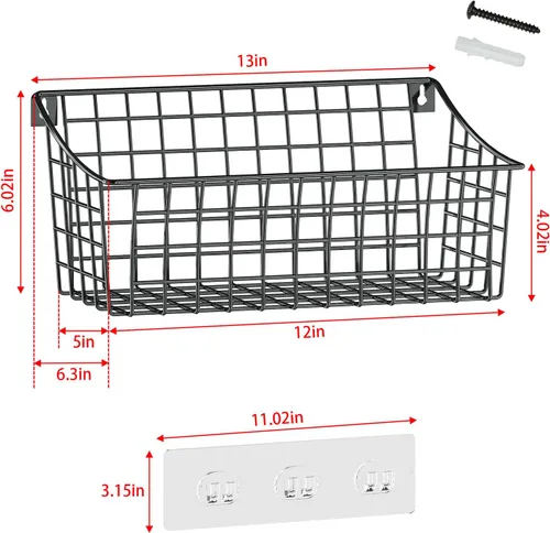 Miniatura 4 de Paquete de 2 cestas colgantes de pared para organizar, cesta grande de alambre de metal con 5 ganchos + 2 ganchos adhesivos largos y fuertes