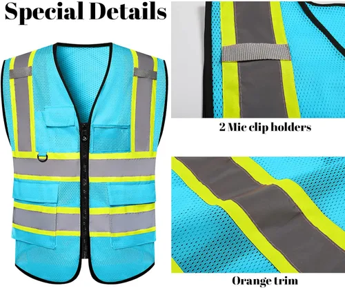 Miniatura 6 de Chaleco de seguridad de malla personalizado con LOGOTIPO Chaleco reflectante de alta visibilidad con 5 bolsillos y cremallera Azul personalizado