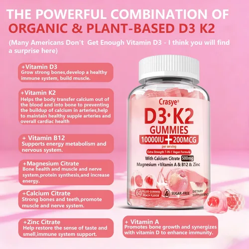 Miniatura 6 de Gomitas de vitamina D3 K2, 10000 UI con 500 mg de calcio, magnesio, zinc, sin azúcar, ADK+vitamina B12, suplementos para mujeres y hombres, huesos
