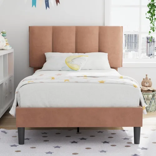 Miniatura 64 de VECELO - Base de cama tamaño individual con cabecera tapizada, plataforma con soporte de listones de madera de alta resistencia, no necesita somier