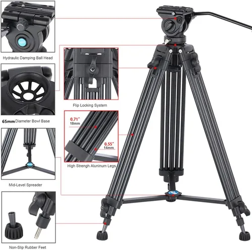 Miniatura 4 de Trípode de video profesional de aluminio resistente de 62 pulgadas/62.2 in, trípode de video de tubo doble, cabezal fluido de 360 grados, esparcidor