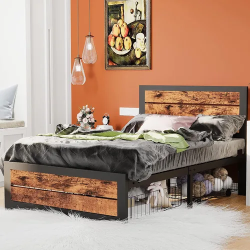 Miniatura 5 de Base de cama de tamaño individual con estraage, marco de cama de metal con cabecera y estribo de madera, base de cama de plataforma de metal de 14
