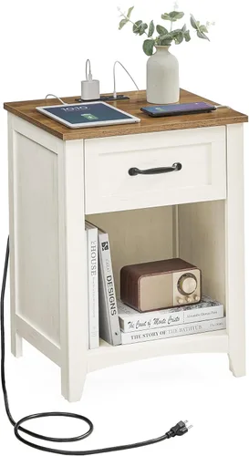 Miniatura 7 de VASAGLE Colección LIRY - Mesita de noche de estilo granja con estación de carga, mesita de noche, mesa auxiliar con 3 cajones, para dormitorio