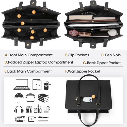Miniatura 3 de Bolsa de computadora portátil para mujer, bolsa de mano para laptop de 15.6 pulgadas, bolsa de cuero impermeable, maletín grande y ligero, bolsa