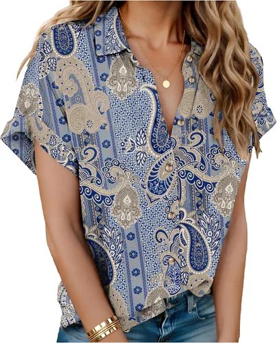Miniatura 7 de HOTOUCH Camisas de Lino para Mujer con Botones Blusas de Manga Corta de Algodón Cuello en V con Cuello Tops de Gasa con Botones S-3XL
