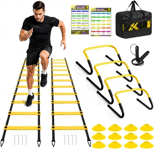 BORNEW Set de Equipo de Entrenamiento de Agilidad y Velocidad, Set de Práctica de Fútbol con escalera de agilidad de 20 pies, 12 conos, 4 obstáculos