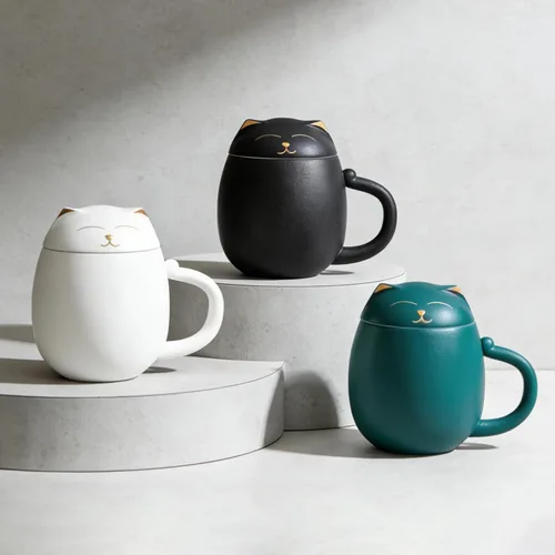 Miniatura 9 de HEER Taza de té para gatos con infusor y tapa, taza de té de cerámica de 13.5 onzas, regalo para amantes de los gatos para amigos y familia (negro)