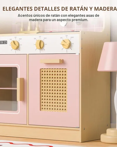 Miniatura 5 de Babytronic Juego de cocina de madera para niños - Cocina de juego rosa con luces y sonidos, cocina de juguete estilo retro para niños pequeños de 3