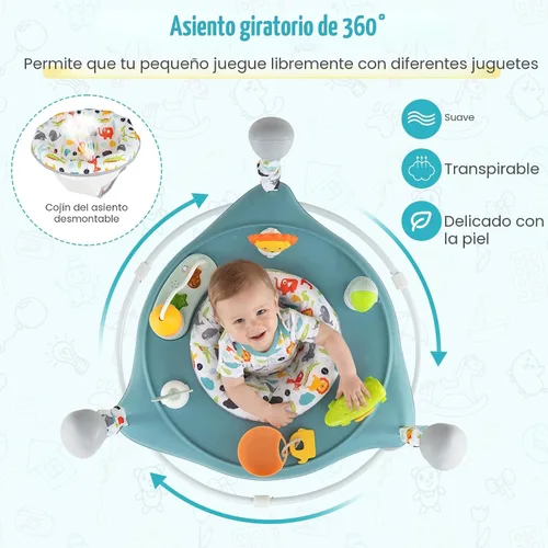Miniatura 4 de BABY JOY Centro de actividades para bebés, puentes y gorilas con música, asiento giratorio de 360°, 3 alturas ajustables, centro de actividades Azul