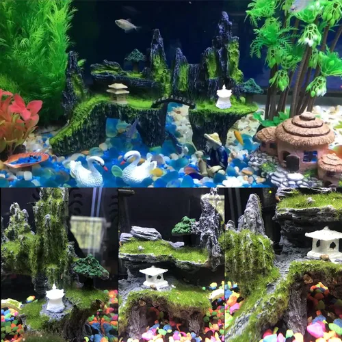 Miniatura 3 de Tfwadmx Decoración de pecera con vista de montaña, puente de piedra de acuario con musgo, cueva de casa de árbol para pequeña piel de camarón Betta