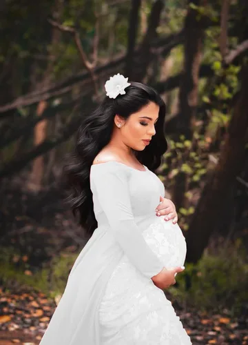 Miniatura 5 de ZIUMUDY Vestido de maternidad para sesión de fotos de manga larga con hombros descubiertos vestido de encaje ajustado con capa larga de gasa trian