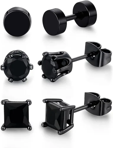 3 pares de aretes hipoalergénicos de circonita cúbica negra para hombres y mujeres, chapados en oro, cuadrados y redondos, aretes para orejas