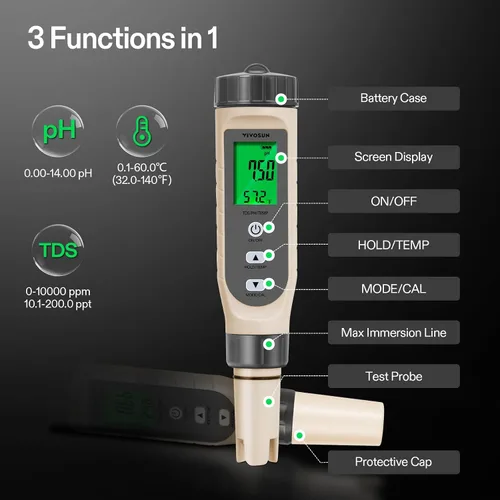 Miniatura 5 de VIVOSUN Medidor de pH digital 5 en 1 con función de PH/salinidad/TDS/EC/temperatura, pantalla de retroiluminación, IP67 impermeable para hidroponía
