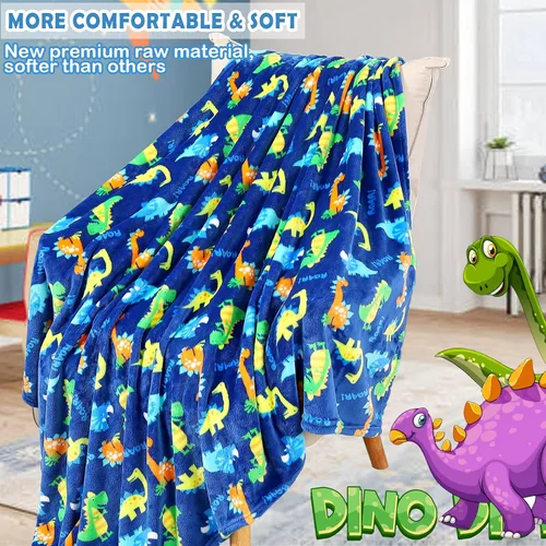 Miniatura 3 de Mantas de forro polar cálidas y suaves para niños pequeños con estampado de patrón de dinosaurio - Manta tipo throw acogedora de franela de felpa