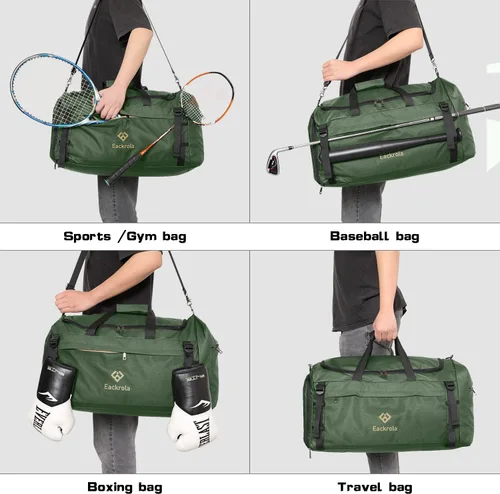 Miniatura 5 de Eackrola Bolsas de gimnasio para hombre con compartimento para zapatos, bolsa de lona deportiva con bolsillo húmedo para mujer, 65 L, forro polar