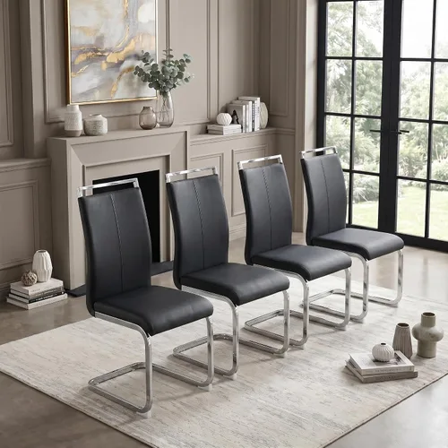 Miniatura 35 de gopop Juego de sillas de comedor, sillas modernas de metal con asiento acolchado de piel sintética, respaldo alto y patas cromadas resistentes, Negro