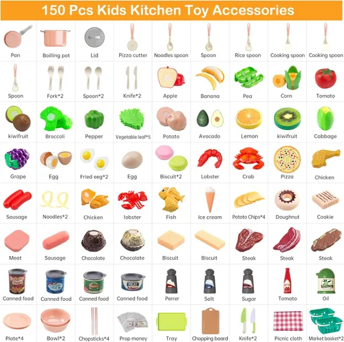 Miniatura 3 de Juego de cocina de 150 piezas, accesorios de utensilios de cocina de juguete para niños pequeños, comida, manta de picnic, frutas, verduras, paquete