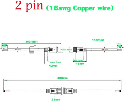 Miniatura 3 de Conector impermeable de 2 cables, conector LED macho hembra de 16 AWG de 2 pines con cable de extensión IP65, 7.9 in para automóvil, tira de luces