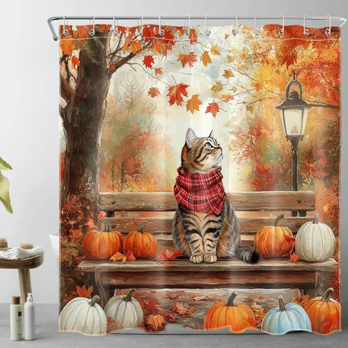 Miniatura 20 de HVEST Cortina de ducha de Halloween, linterna de calabaza y gnomo, cortina de ducha de baño, cortina de ducha de murciélago y araña, decorativa