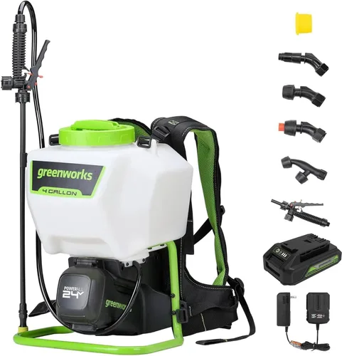 Miniatura 9 de Greenworks Rociador inalámbrico de mochila de 24 V (4 galones, 5 puntas, espray de 25 pies), para deshierbe, pulverización y limpieza, solo