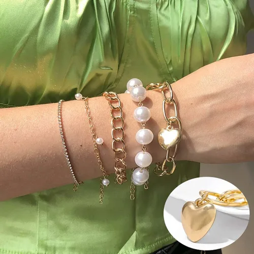 Miniatura 2 de Zeelina Pulsera de gargantilla de diamantes de imitación con cadena de clip de perlas doradas apilable ajustable conjunto de joyería de moda