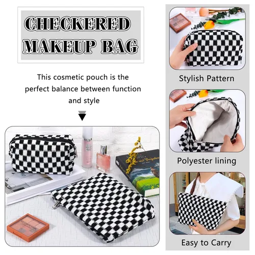 Miniatura 6 de ZLFSRQ Bolsa de maquillaje a cuadros para mujer, grande y pequeña, juego de bolsa de cosméticos a cuadros, bolsas de aseo de viaje, bolsa