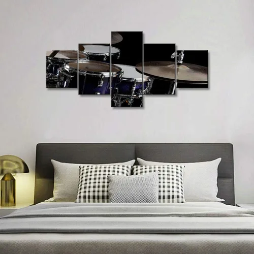 Miniatura 4 de Arte de pared en blanco y negro, kit de batería de jazz morado sobre fondo negro, pinturas de 5 paneles, lienzo, arte de pared para decoración