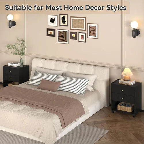 Miniatura 6 de Moderna mesita de noche, mesa auxiliar acanalada con 2 cajones, mesita de noche con estante abierto para dormitorio (1, negro)