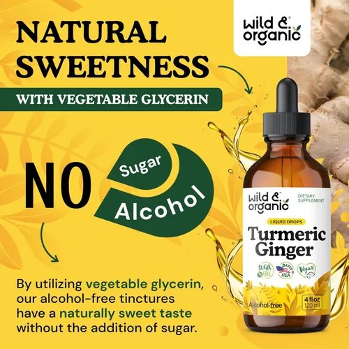 Miniatura 6 de Wild & Organic Gotas de suplemento de cúrcuma y jengibre, apoyo articular e inmunológico, curcumina líquida de cúrcuma con pimienta negra