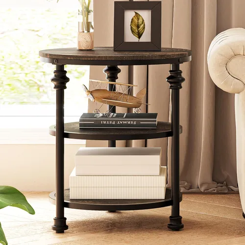 Miniatura 11 de IDEALHOUSE Mesa auxiliar pequeña, mesa auxiliar redonda con 3 estantes para sala de estar, dormitorio, mesita de noche, mesa auxiliar con marco