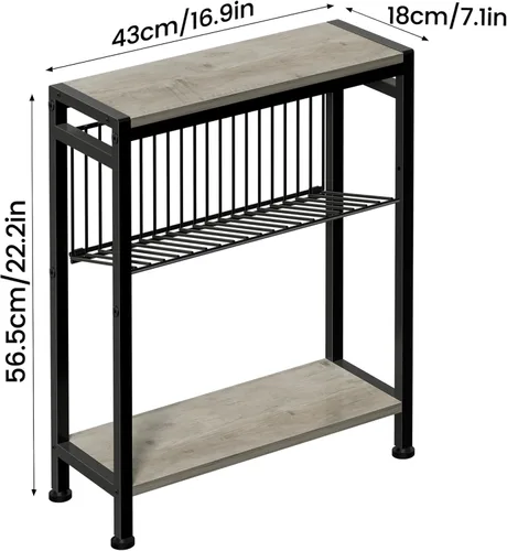 Miniatura 3 de Mesa auxiliar pequeña para espacios pequeños, mesa auxiliar estrecha de 3 niveles con portarevistas, mesita de noche delgada, mesa delgada para Gris