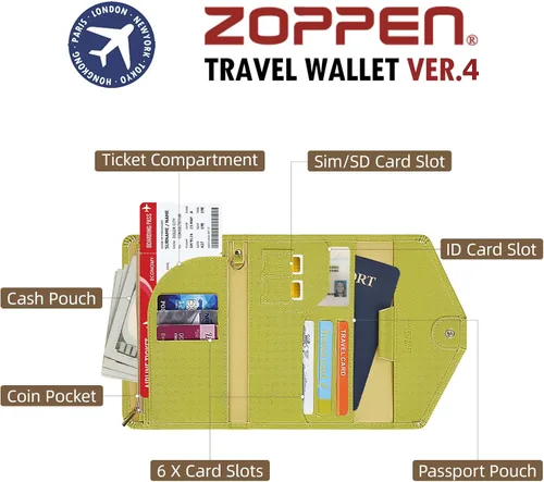 Miniatura 133 de Zoppen - Billetera de viaje con bloqueo RFID multiusos (Ver.4) Portatarjetas de pasaporte y vacunas, organizador de documentos de tres pliegues