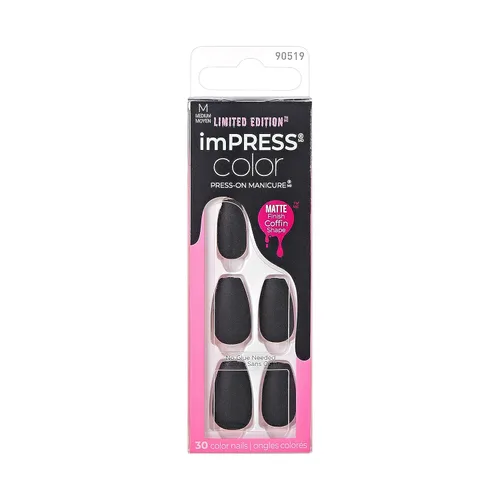 Miniatura 10 de imPRESS Uñas postizas a presión de color, Halloween, sin necesidad de pegamento, negras, almendra mediana, 33 unidades.
