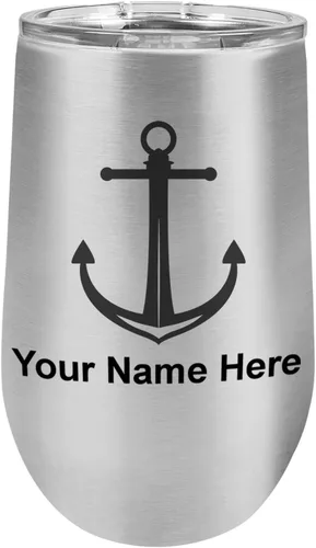 Miniatura 31 de LaserGram Vaso de vino de acero inoxidable de doble pared, ancla de barco, grabado personalizado incluido (negro)
