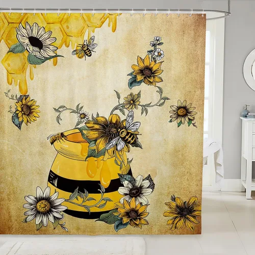 Cortinas de ducha de baño con diseño de abeja amarilla, cortina de ducha para adolescentes y mujeres adultas, juego de cortinas de baño con diseño