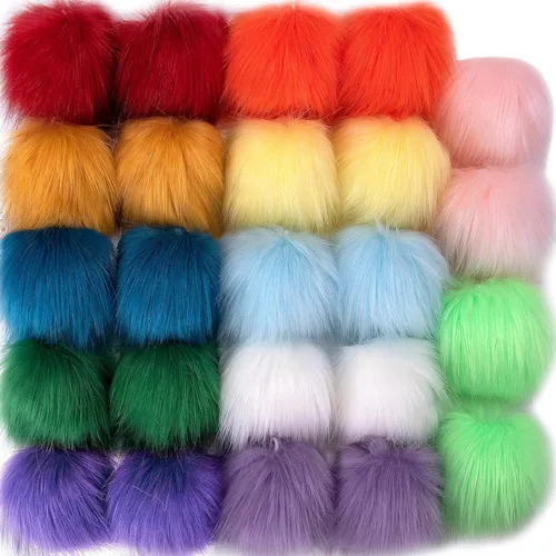 SIQUK 24 pompones de piel sintética de zorro esponjosos con lazo elástico para sombreros, bufandas, guantes, bolsas, accesorios (12 colores, 2 Arco