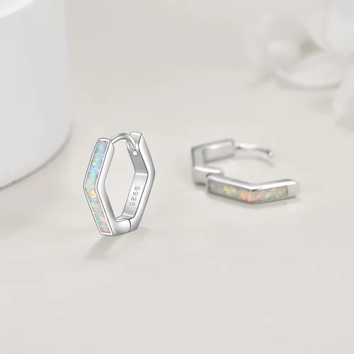 Miniatura 4 de Aretes de ópalo de plata de ley 925 geométrica hexagonalestrellaclip de papel, aretes de aro blanco ópaloconcha de abulón, regalo para mujeres