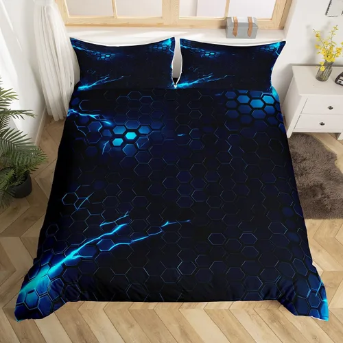 Miniatura 33 de Funda de edredón hexagonal verde estereoscópica de nido de abeja para niños, diseño geométrico de colmena, funda de edredón geométrica de panal