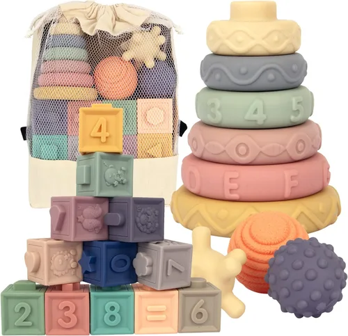 21 juguetes Montessori para bebés, juguetes de dentición para bebés meses, 6 meses o más, torre apilable de aprendizaje educativo temprano,