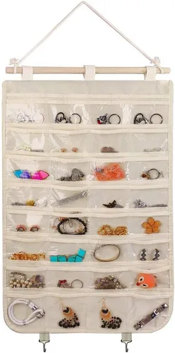 Miniatura 12 de BB Brotrade Organizador colgante de joyas, organizador de accesorios, organizador de 80 bolsillos para guardar joyas (beige)