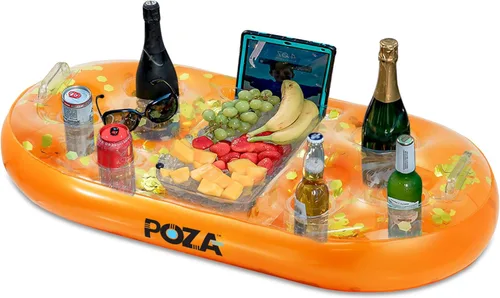 Miniatura 13 de POZA Hielera flotante inflable dorada – Lujoso soporte para bebidas relleno de confeti brillante, flotador de fiesta premium con 8 soportes, barra