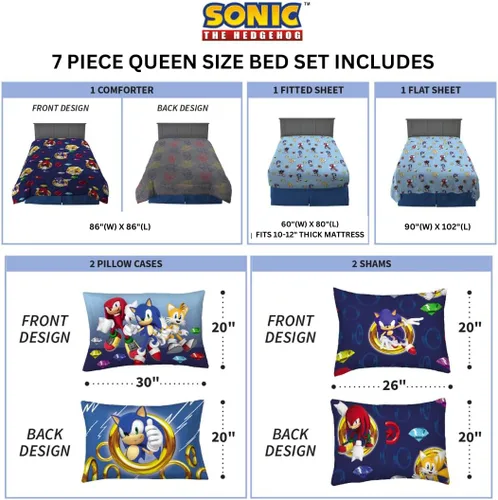 Miniatura 3 de Franco Sonic the Hedgehog Anime Juego de edredón y sábanas supersuaves para niños con funda, 7 piezas, tamaño reina, (Producto oficial con licencia)
