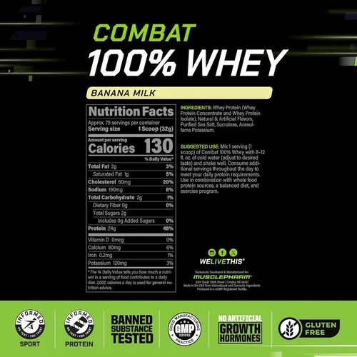 Miniatura 2 de MusclePharm Combat 100% proteína de suero en polvo, sabor a leche de plátano, recuperación rápida y ganancia muscular con aislado de proteína