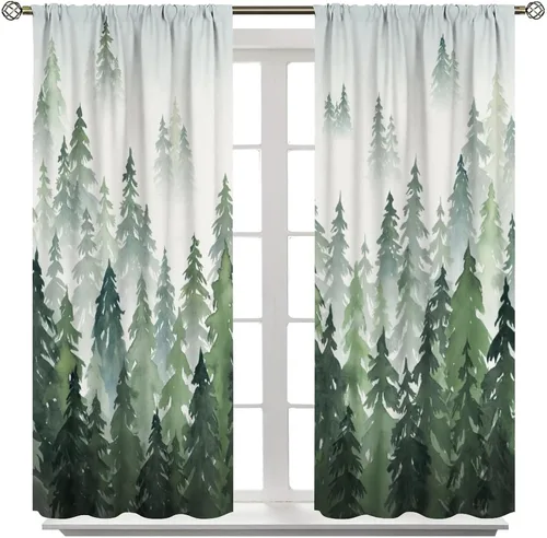 Miniatura 2 de Cortina de árbol de bosque verde, pino, coníferas, bosque, acuarela, oscurecimiento de habitación, ventana, bolsillo para barra, cortina
