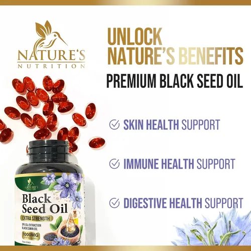 Miniatura 6 de Cápsulas de aceite de semilla de comino negro de 1000 mg por porción, semillas negras de Nigella sativa premium, aceite de semilla negra natural