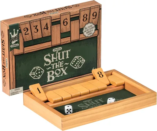 Schylling Shut the Box - Juego familiar de estrategia y azar - Incluye caja de juego de madera coleccionable, fondo de fieltro, dados redondeados e
