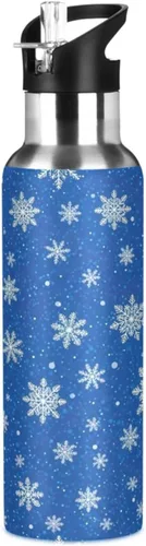 White Snowflakes Blue Stainless Steel Vacuum Insulated Water Bottle 20 Oz Leakproof Water Bottles, BPA-Free Sport Water Bottle Insulated